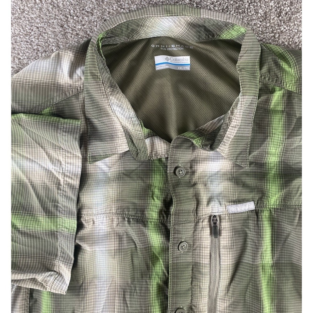 Columbia Omni Shade Sun Protection Shirt Green Striped Check Pocket Men XXL Vent